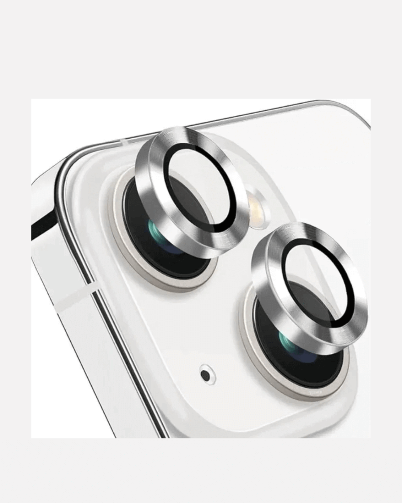 Close-up of iPhone 15 camera lens protectors with a sleek design, showcasing crystal-clear tempered glass protection.