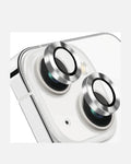 Close-up of iPhone 15 camera lens protectors with a sleek design, showcasing crystal-clear tempered glass protection.
