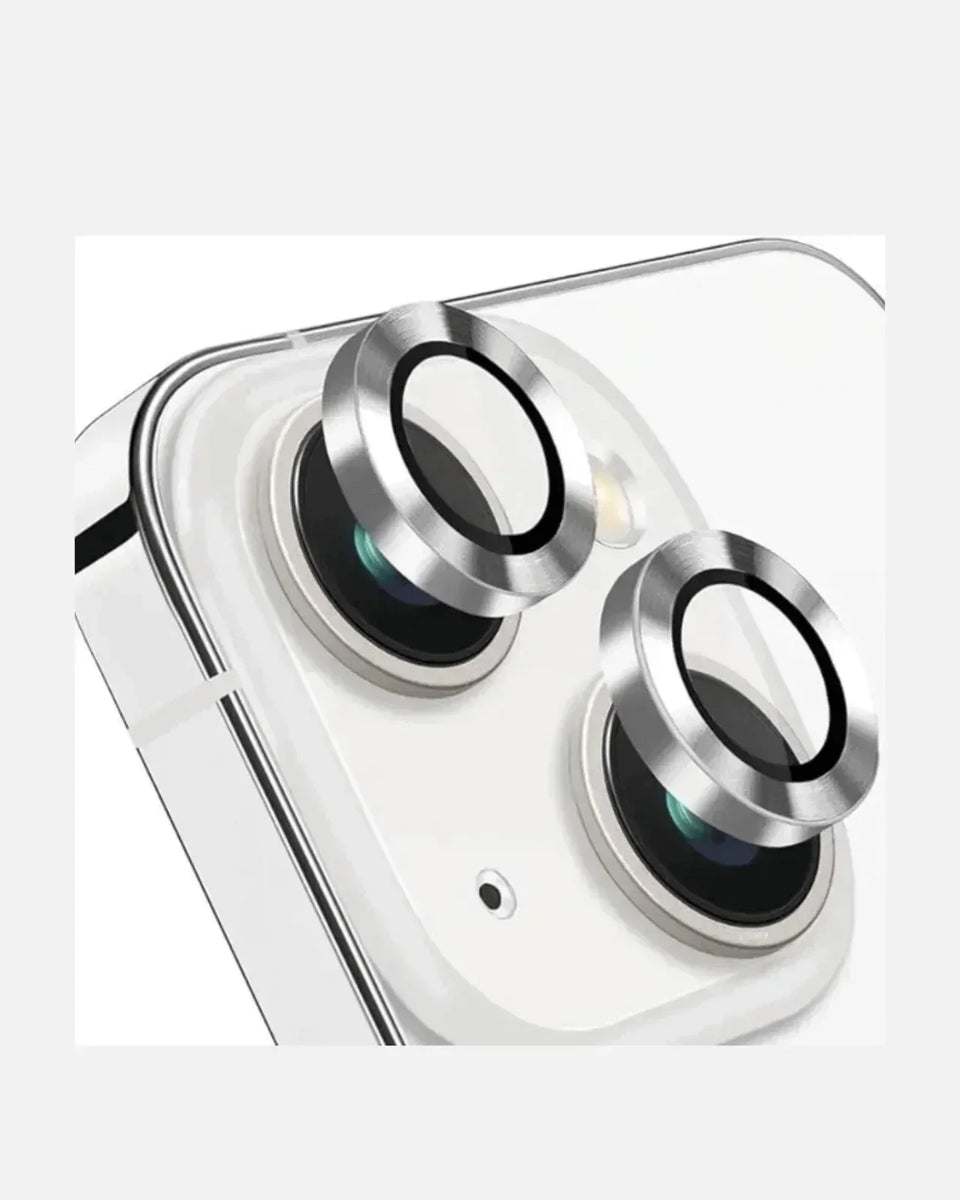 Close-up of iPhone 15 camera lens protectors with a sleek design, showcasing crystal-clear tempered glass protection.