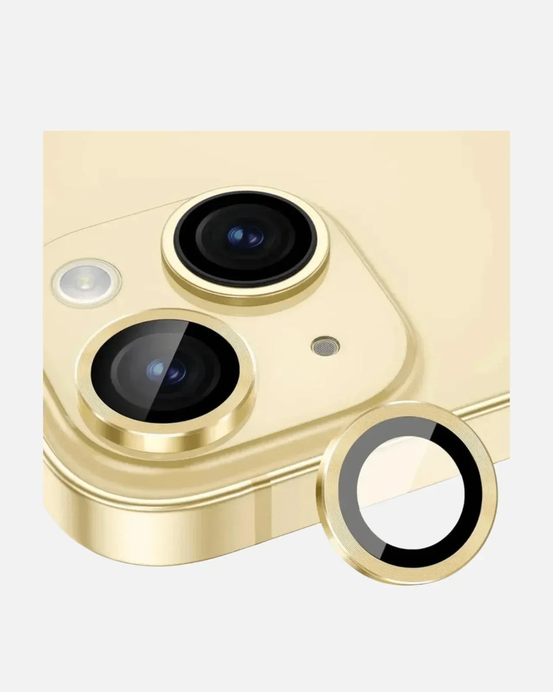 iPhone camera lens protector showcasing gold trim and dual camera lenses on iPhone 15.