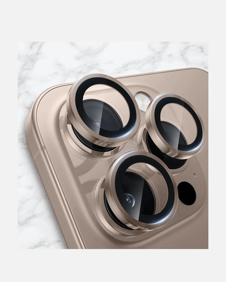 iPhone 15 Pro camera lens protectors showcasing HD clarity and scratch-resistant design on a marble background.