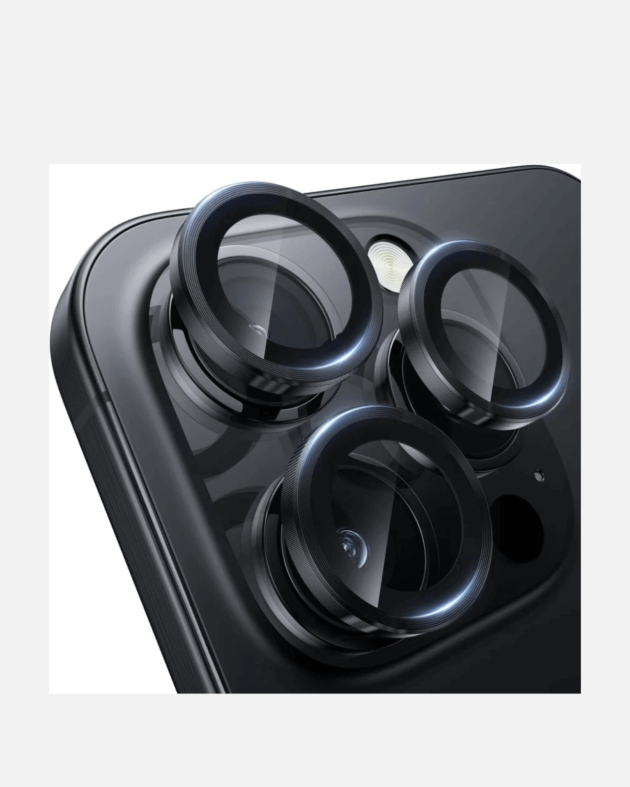 Close-up of iPhone 15 Pro camera lens protectors showcasing HD clarity and tempered glass design.