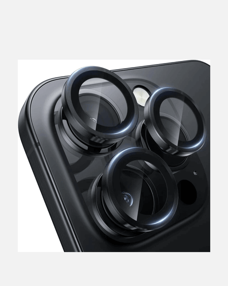 Close-up of iPhone 15 Pro camera lens protectors showcasing HD clarity and tempered glass design.