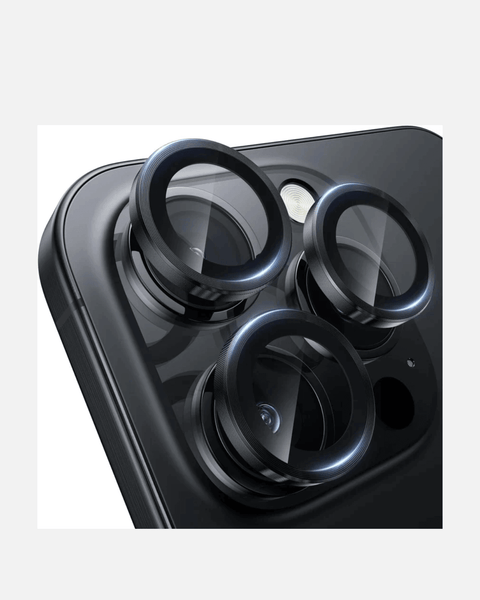 Close-up of iPhone 15 Pro camera lens protectors showcasing HD clarity and tempered glass design.