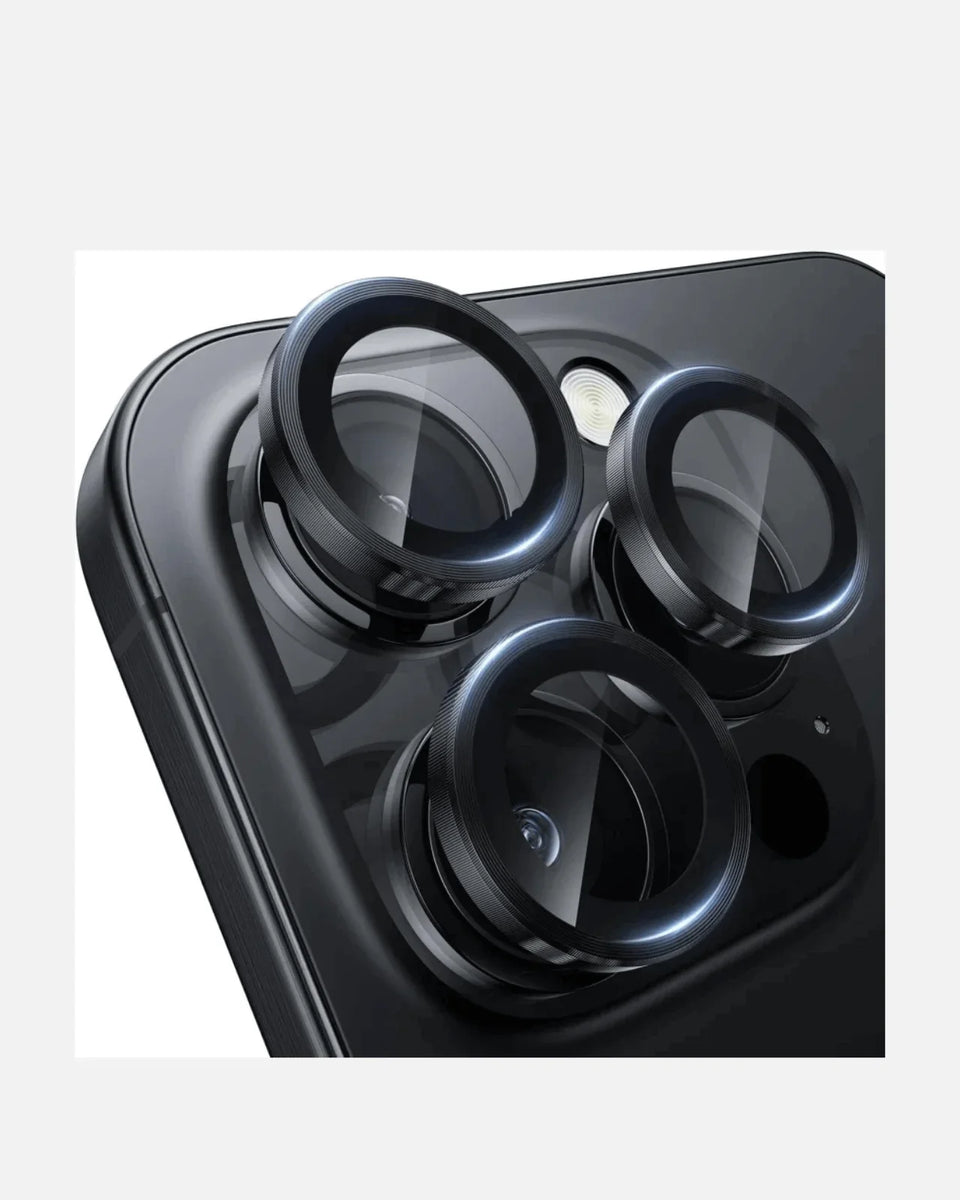 Close-up of iPhone 15 Pro camera lens protectors showcasing HD clarity and tempered glass design.