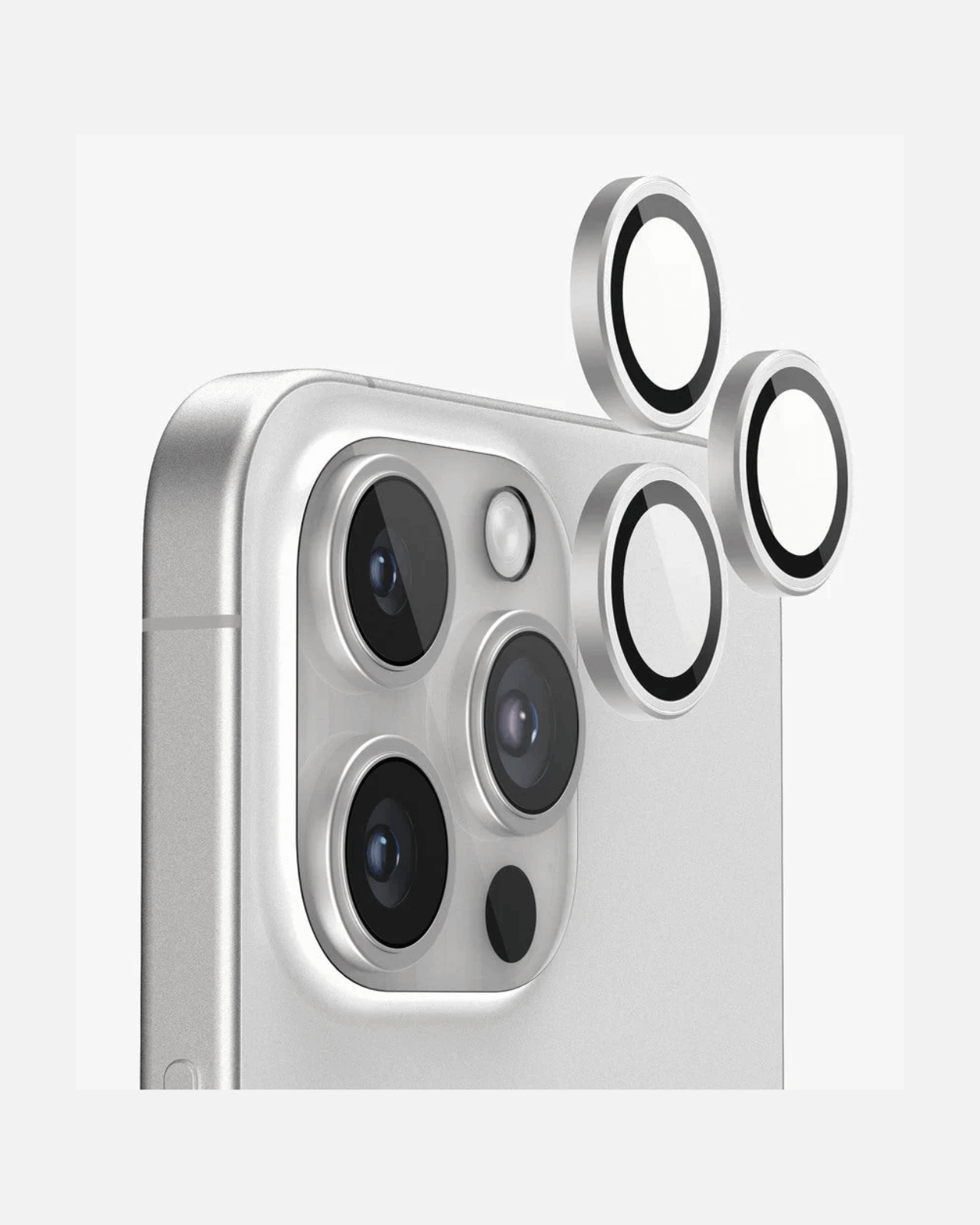 iPhone 15 Pro camera lens protectors displayed next to the device showcasing HD clarity and scratch protection features.