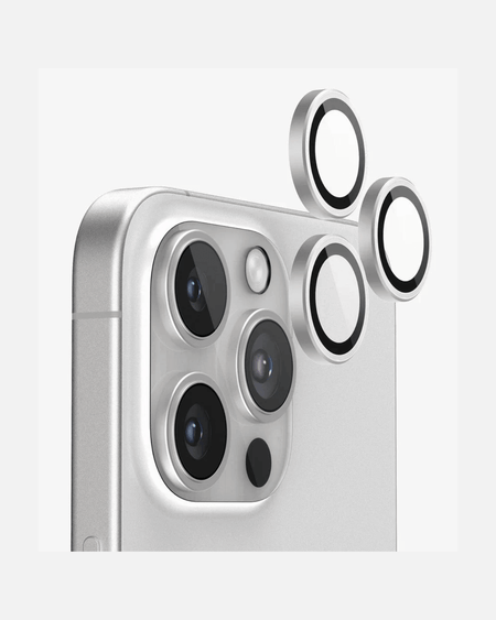 iPhone 15 Pro camera lens protectors displayed next to the device showcasing HD clarity and scratch protection features.