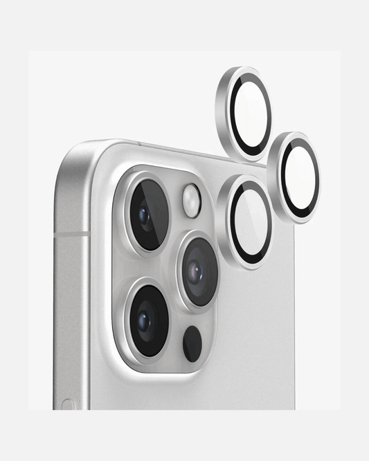 iPhone 15 Pro camera lens protectors displayed next to the device showcasing HD clarity and scratch protection features.