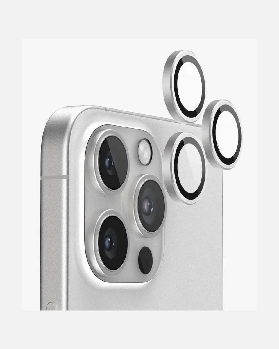 iPhone 15 Pro camera lens protectors displayed next to the device showcasing HD clarity and scratch protection features.
