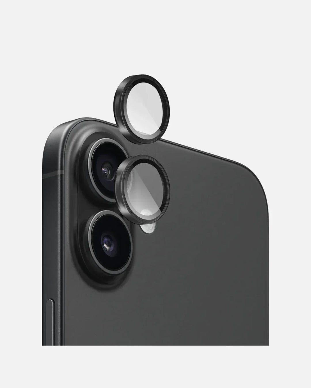 Close-up of iPhone 16 camera lens protectors in black, highlighting scratch resistance and HD clarity.