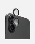 Close-up of iPhone 16 camera lens protectors in black, highlighting scratch resistance and HD clarity.