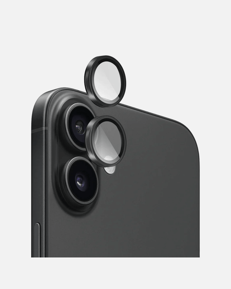 Close-up of iPhone 16 camera lens protectors in black, highlighting scratch resistance and HD clarity.