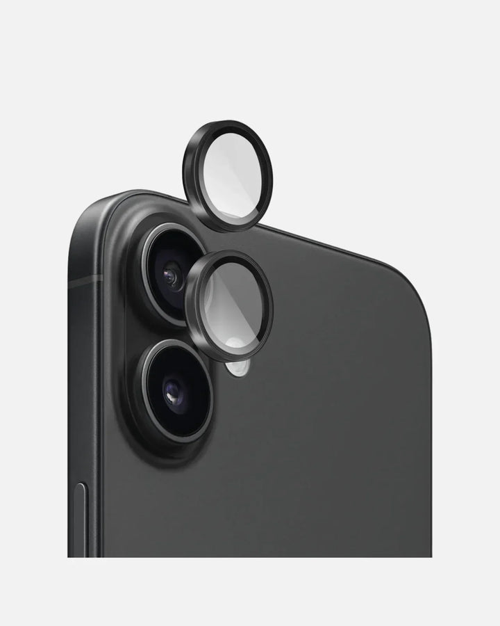 Close-up of iPhone 16 camera lens protectors in black, highlighting scratch resistance and HD clarity.