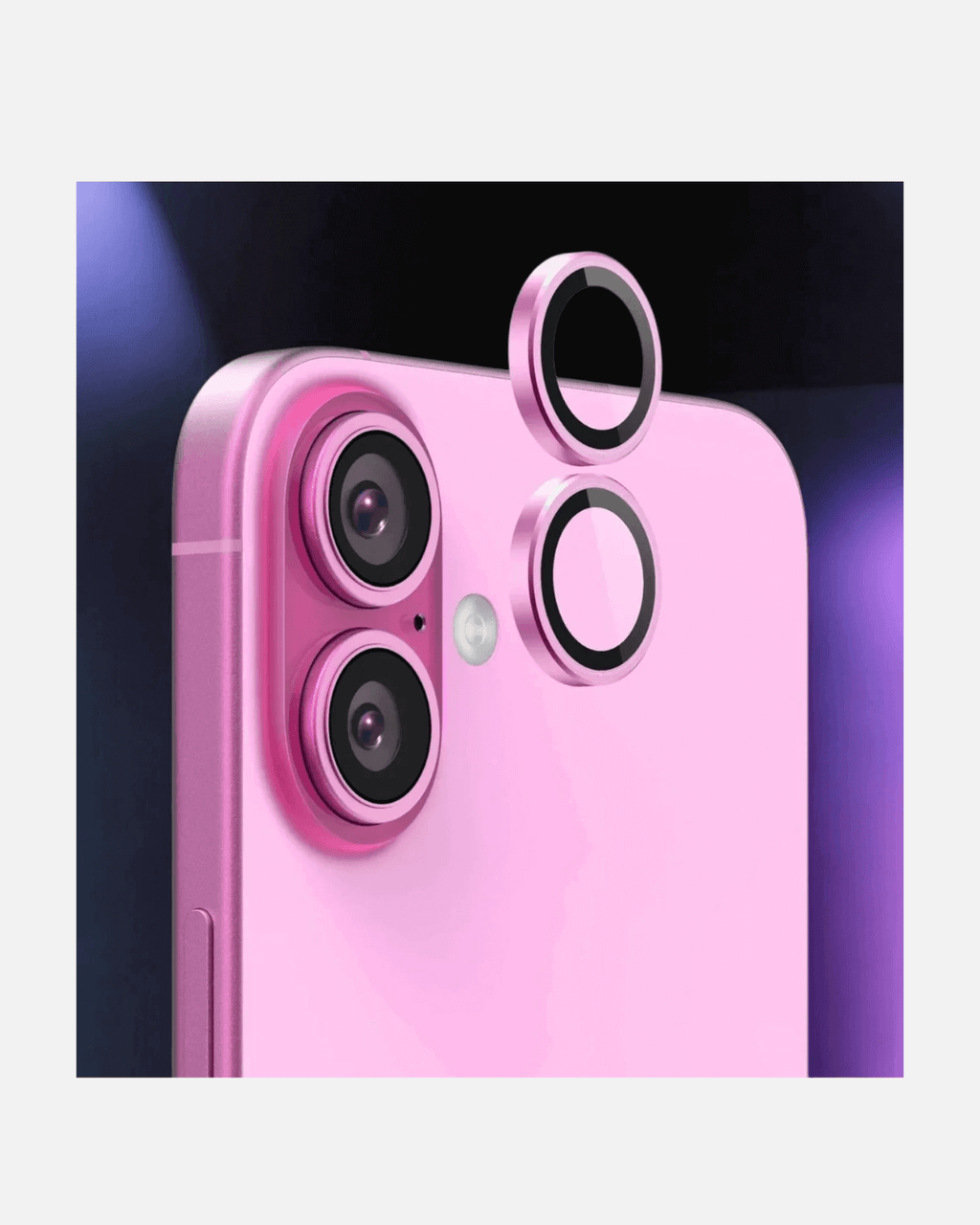 Close-up of iPhone 16 camera lenses with pink phone, showcasing lens protectors for HD clarity and scratch resistance.