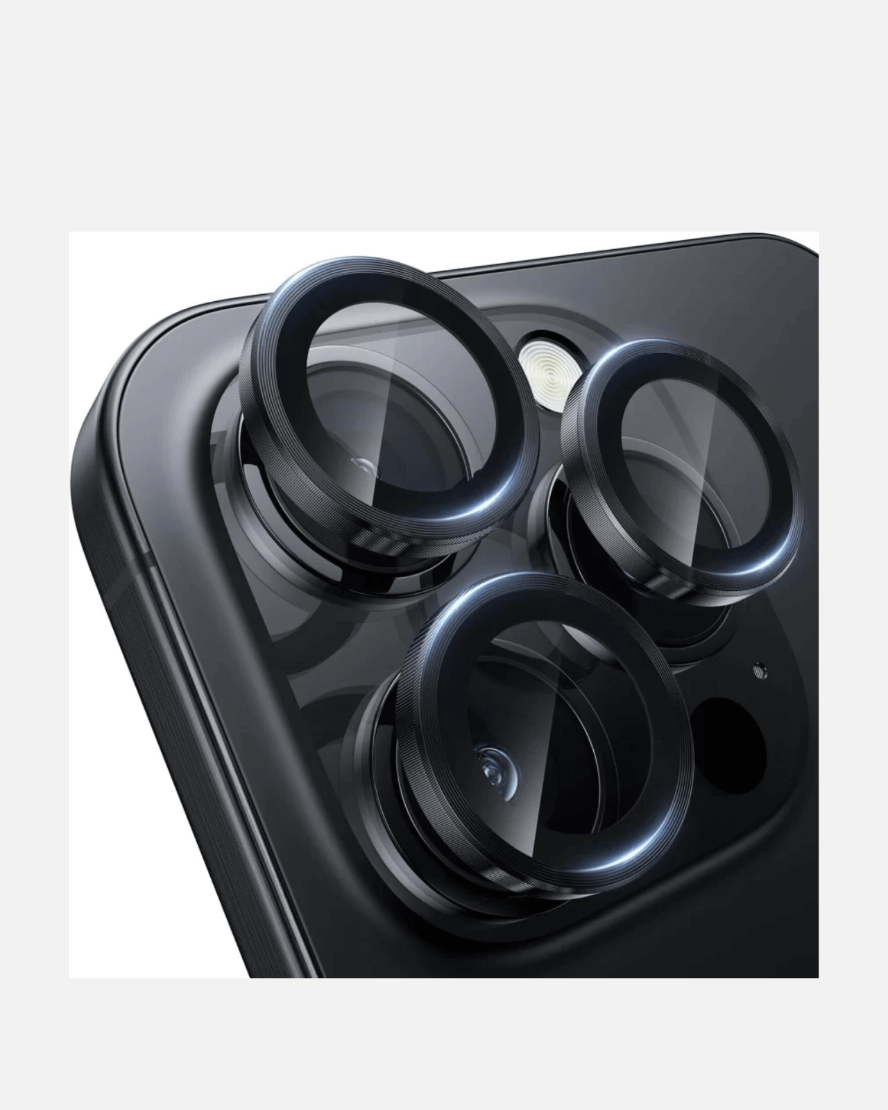 Close-up of iPhone 16 Pro camera lens protectors showcasing HD clarity and scratch resistance.