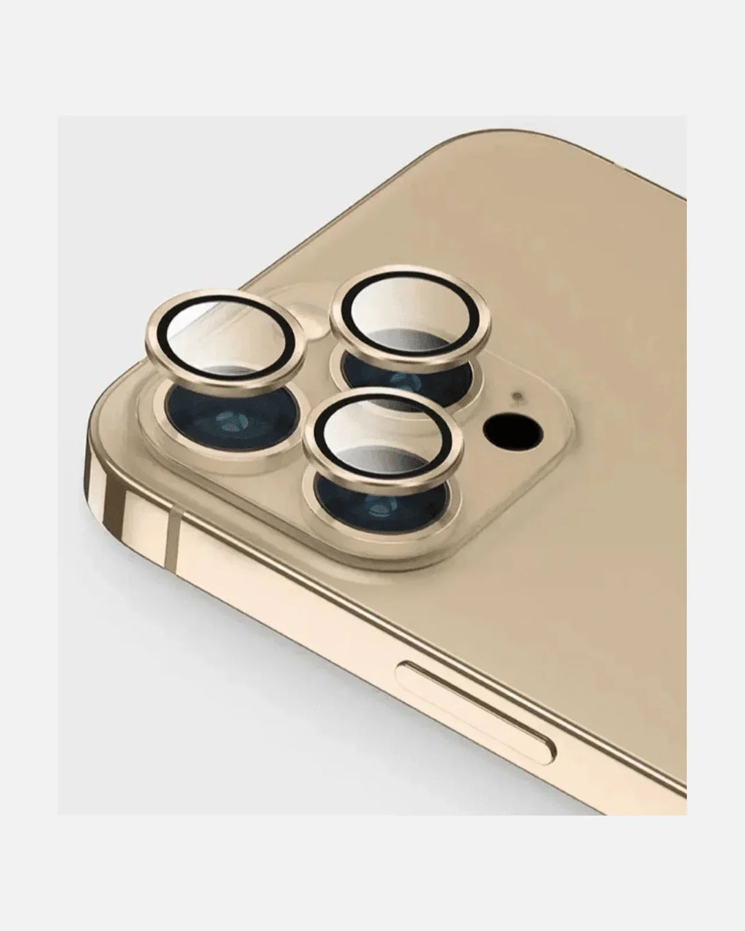 Close-up of iPhone 13 Pro lens protector showcasing crystal clear HD tempered glass protection.