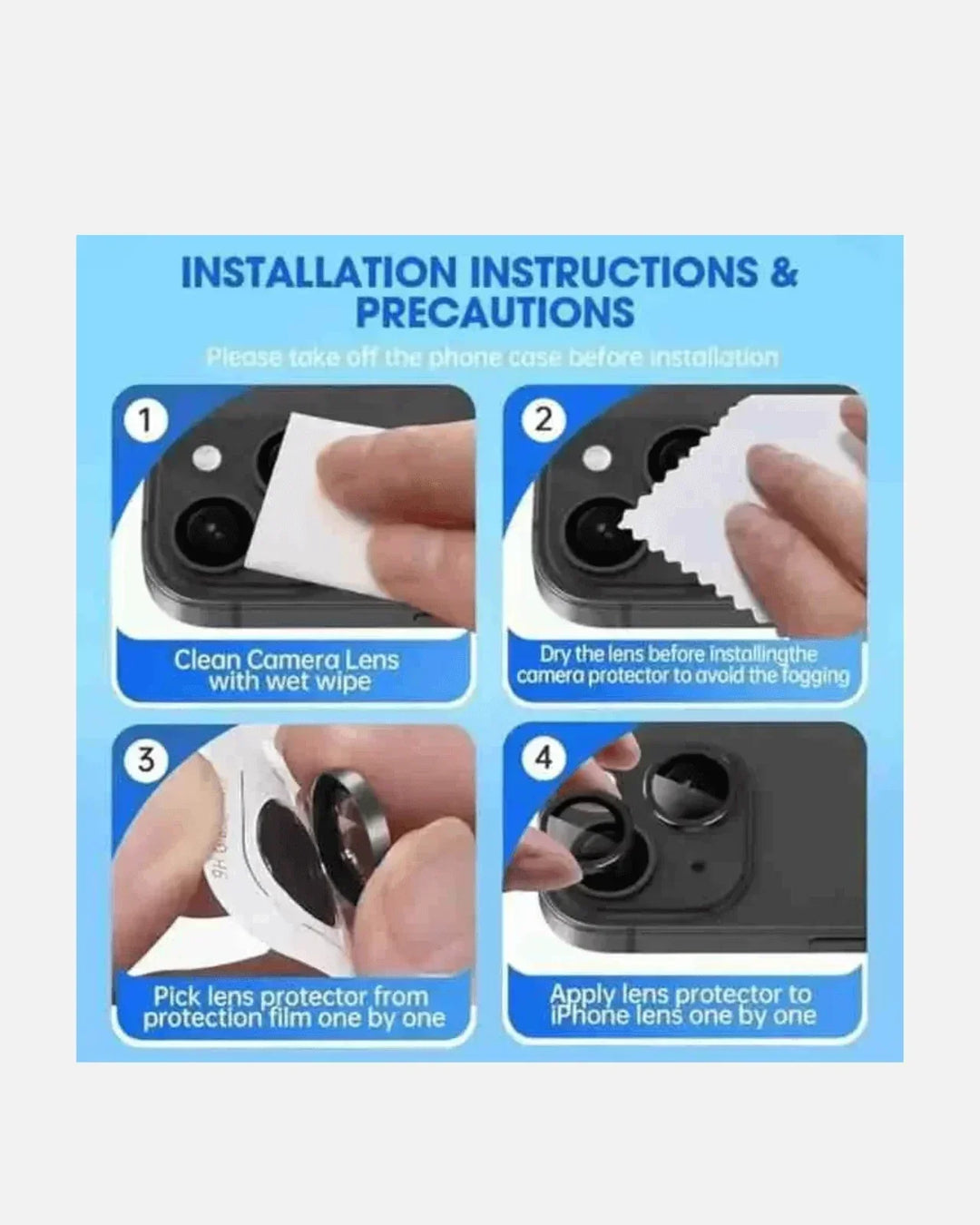 Installation guide for iPhone camera lens protector with step-by-step instructions and precautions.