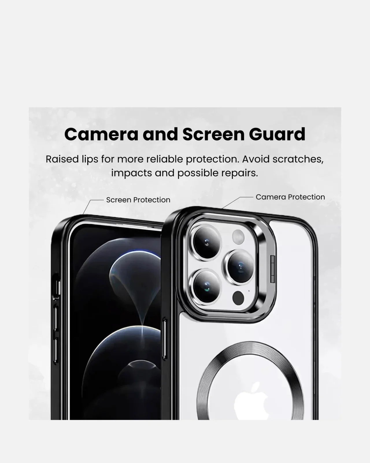 Close-up of iPhone 16 Pro Max case showing camera and screen guard features for enhanced protection.