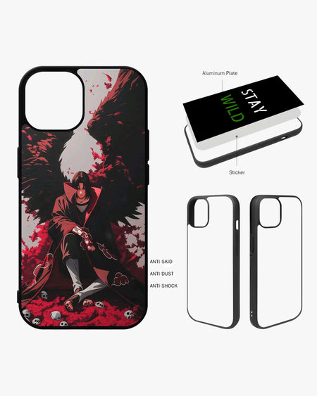 Itachi Uchiha anime phone case design featuring red colors and dramatic shadows for iPhone.