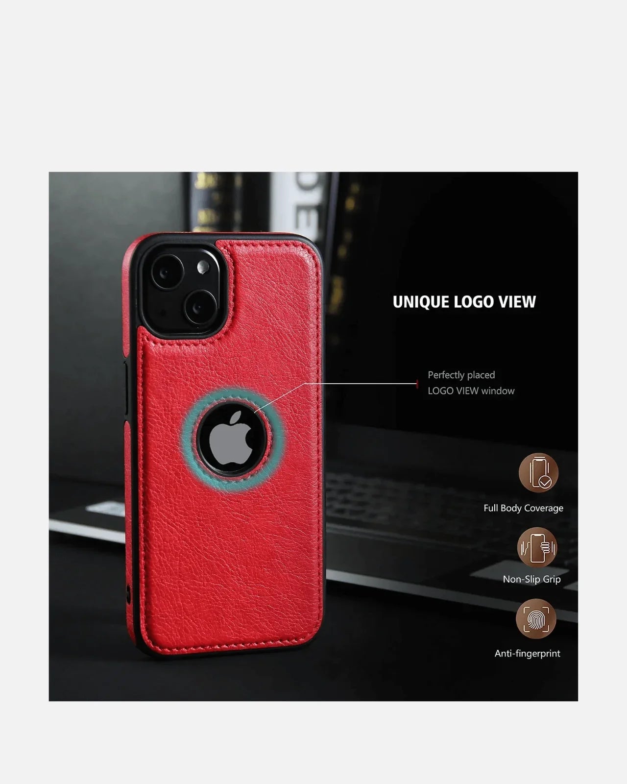 Red leather iPhone case with logo cutout, offering full body coverage, anti-fingerprint, and non-slip grip.