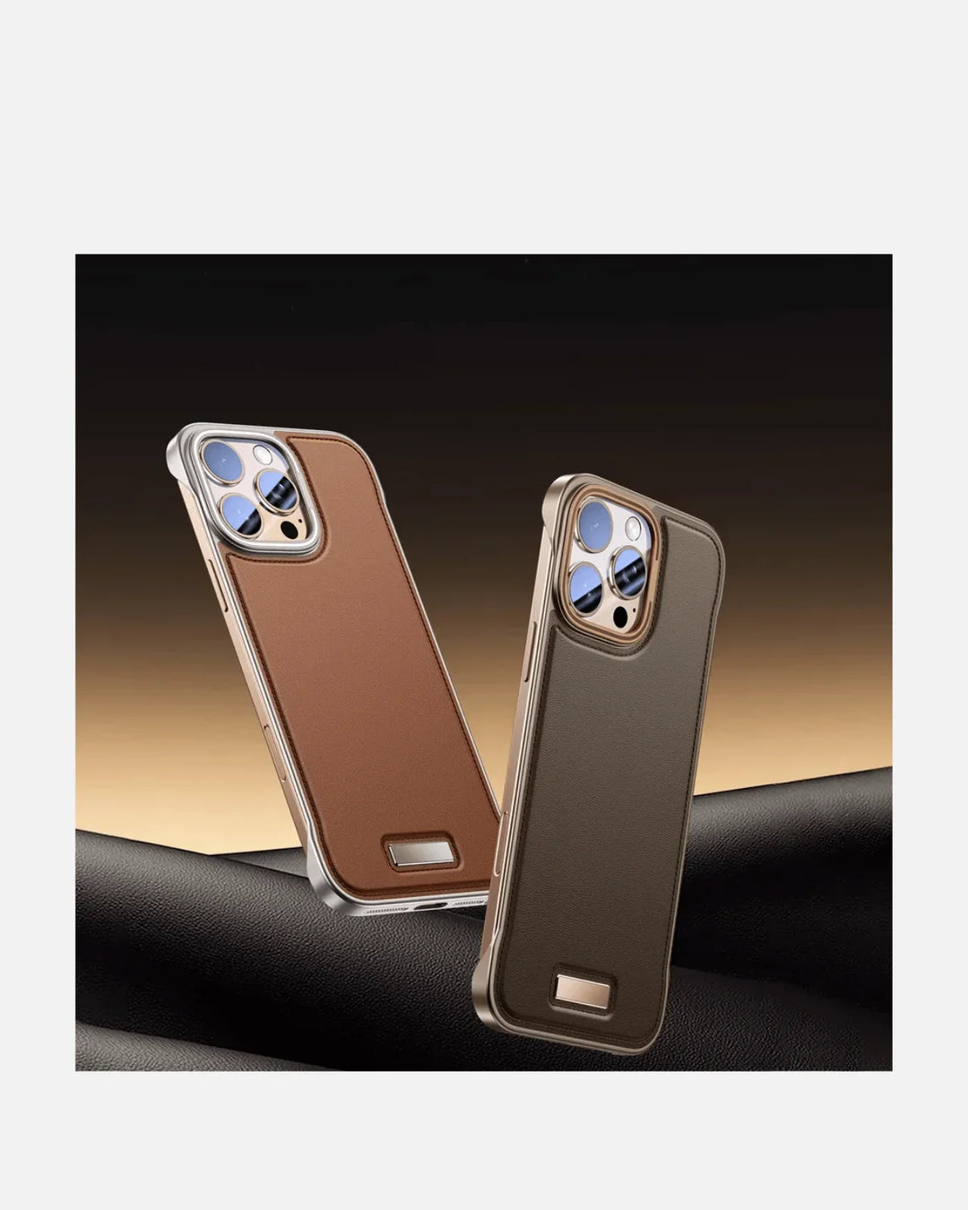 Luxurious frameless leather case for iPhone 16 & 15 series, showcasing dual colors and ultra-thin design.