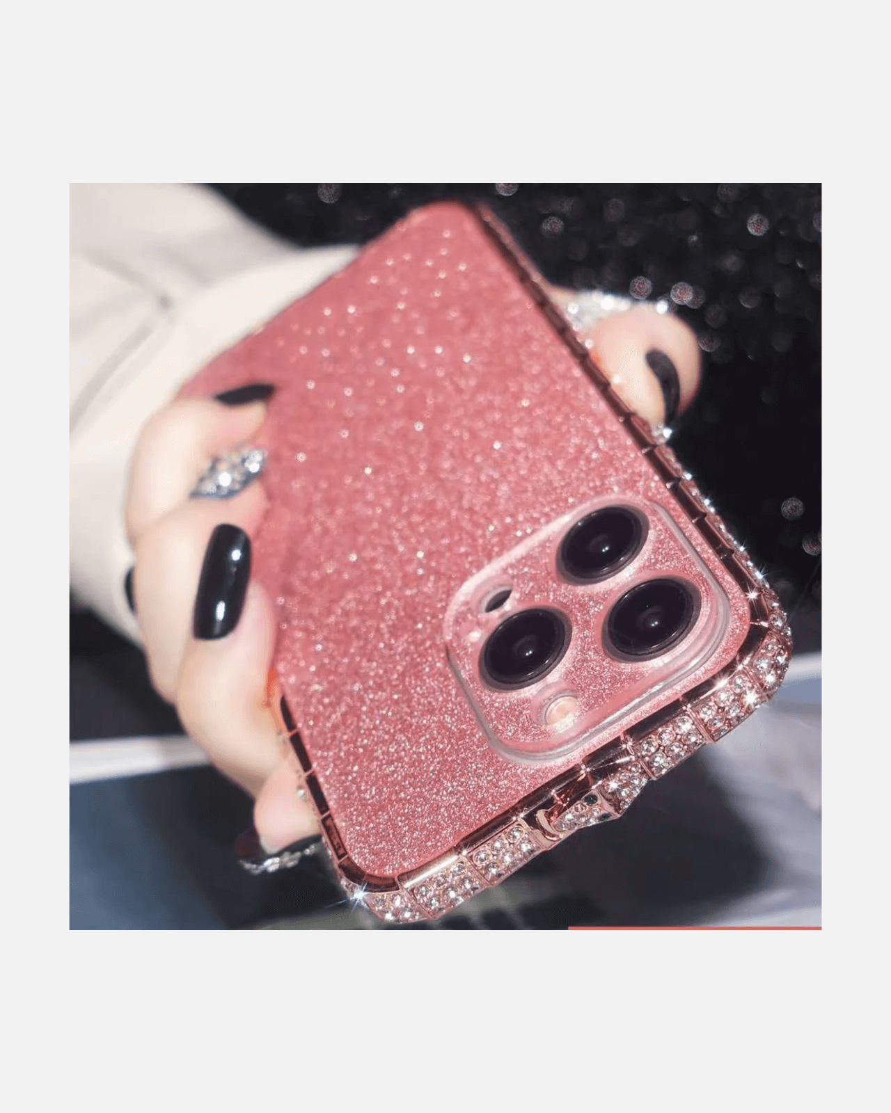 Luxury Diamond Glitter Case for iPhone 16 Pro, pink sparkle design with metal frame and camera protection.