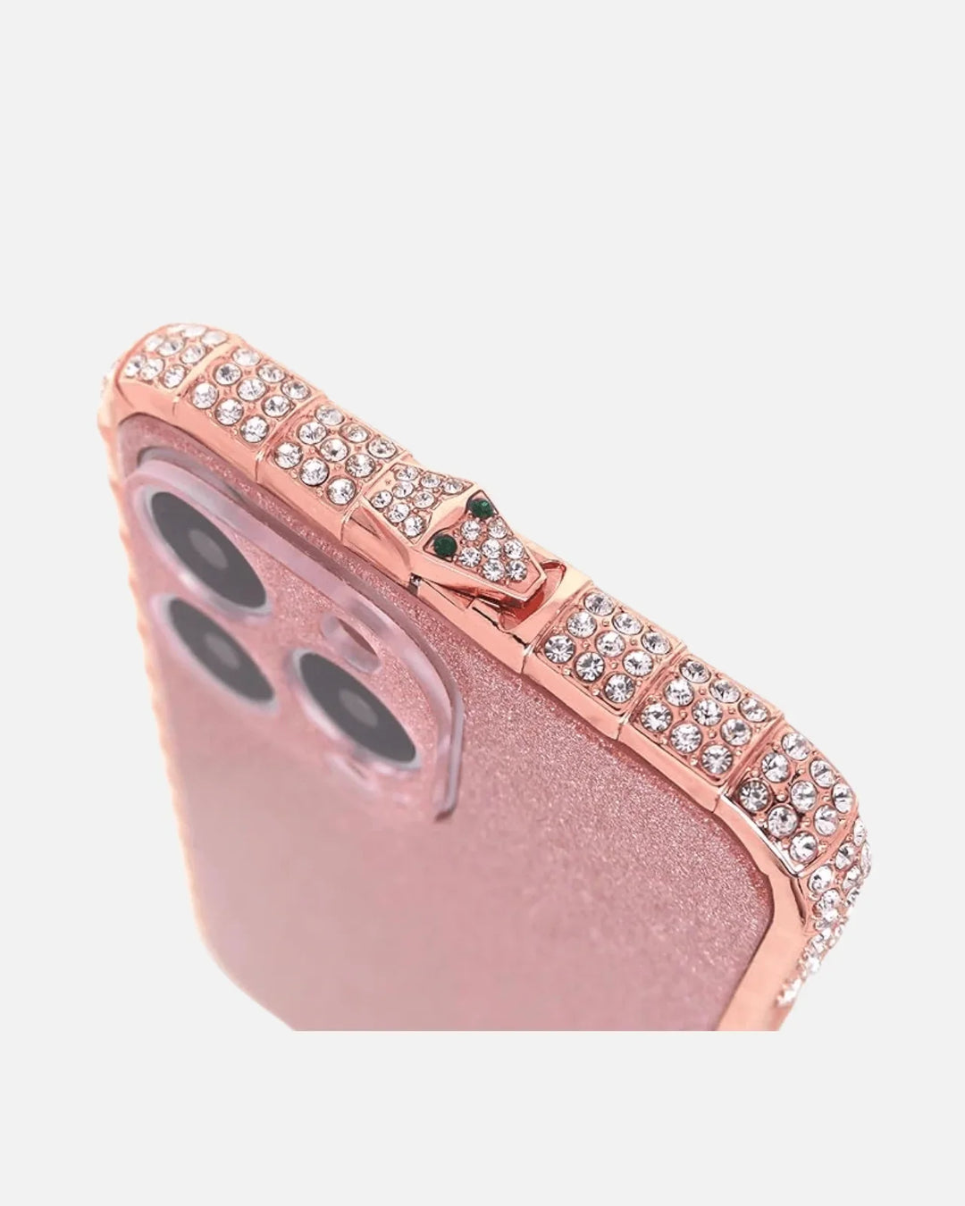 Luxury diamond glitter iPhone case with rose gold metal frame and crystal embellishments.