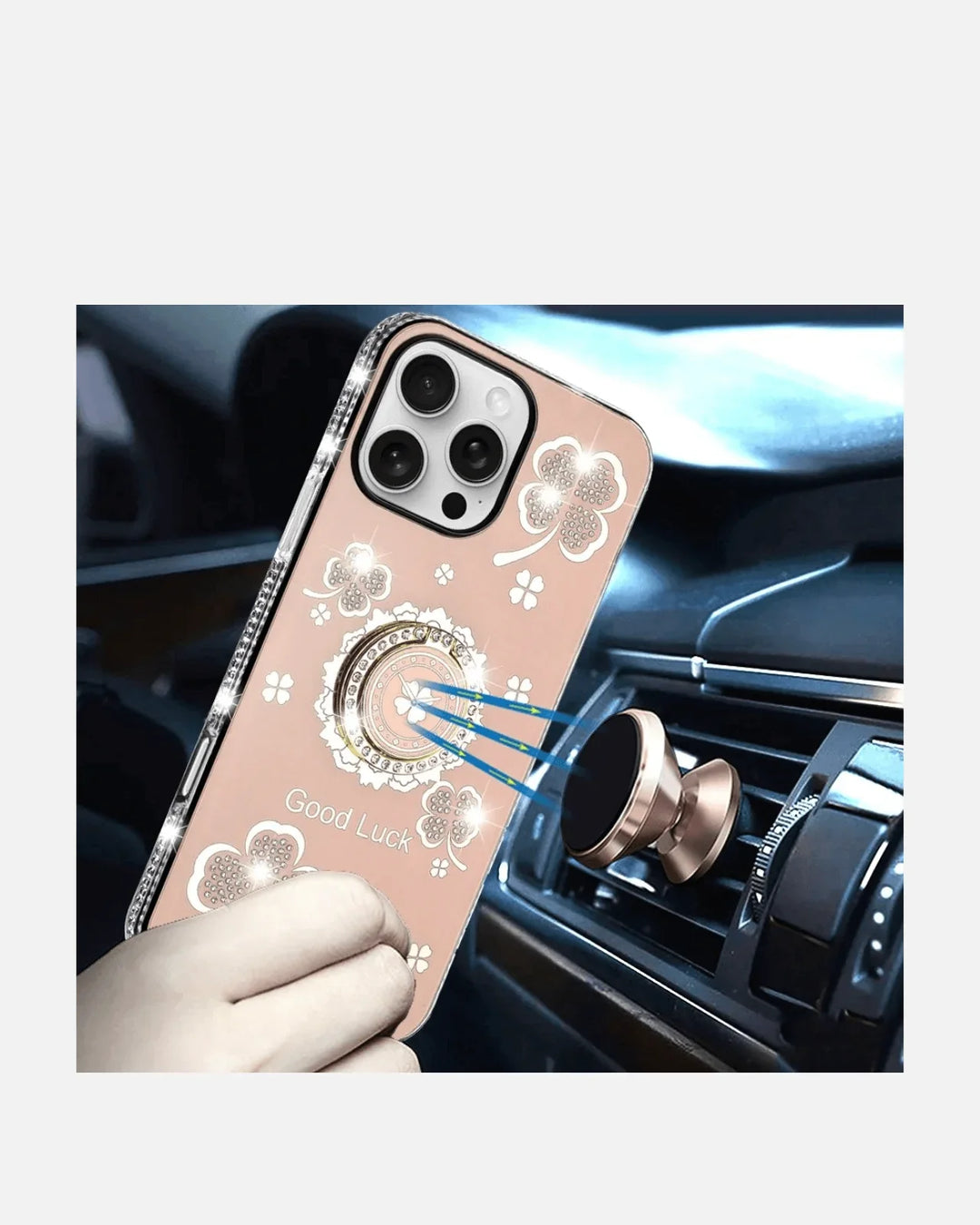 Luxury pink diamond glitter iPhone 16 Pro Max case with magnetic ring and cloverleaf design, in a car.