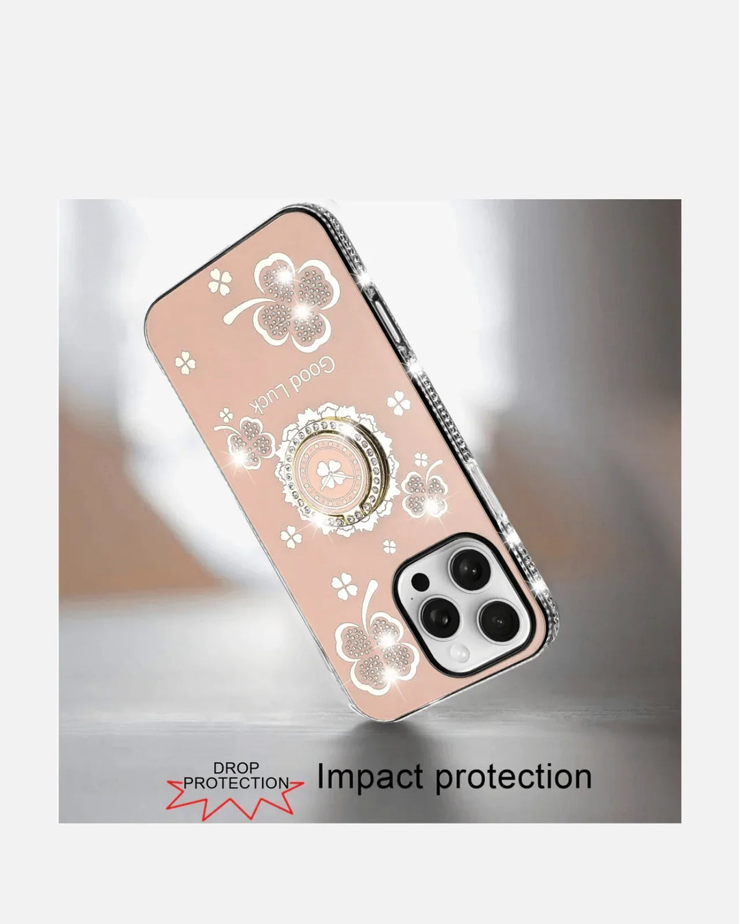 Luxury pink diamond glitter case for iPhone 16 Pro Max featuring cloverleaf design and magnetic ring stand.
