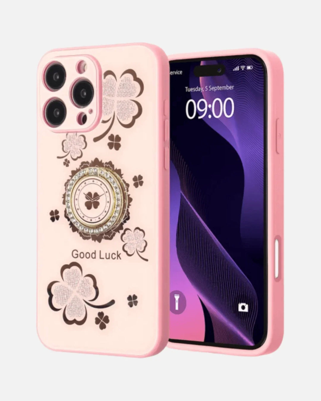 Luxury pink diamond glitter case for iPhone 16 Pro Max with Good Luck design and magnetic ring stand.