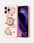 Luxury pink diamond glitter case for iPhone 16 Pro Max with Good Luck design and magnetic ring stand.