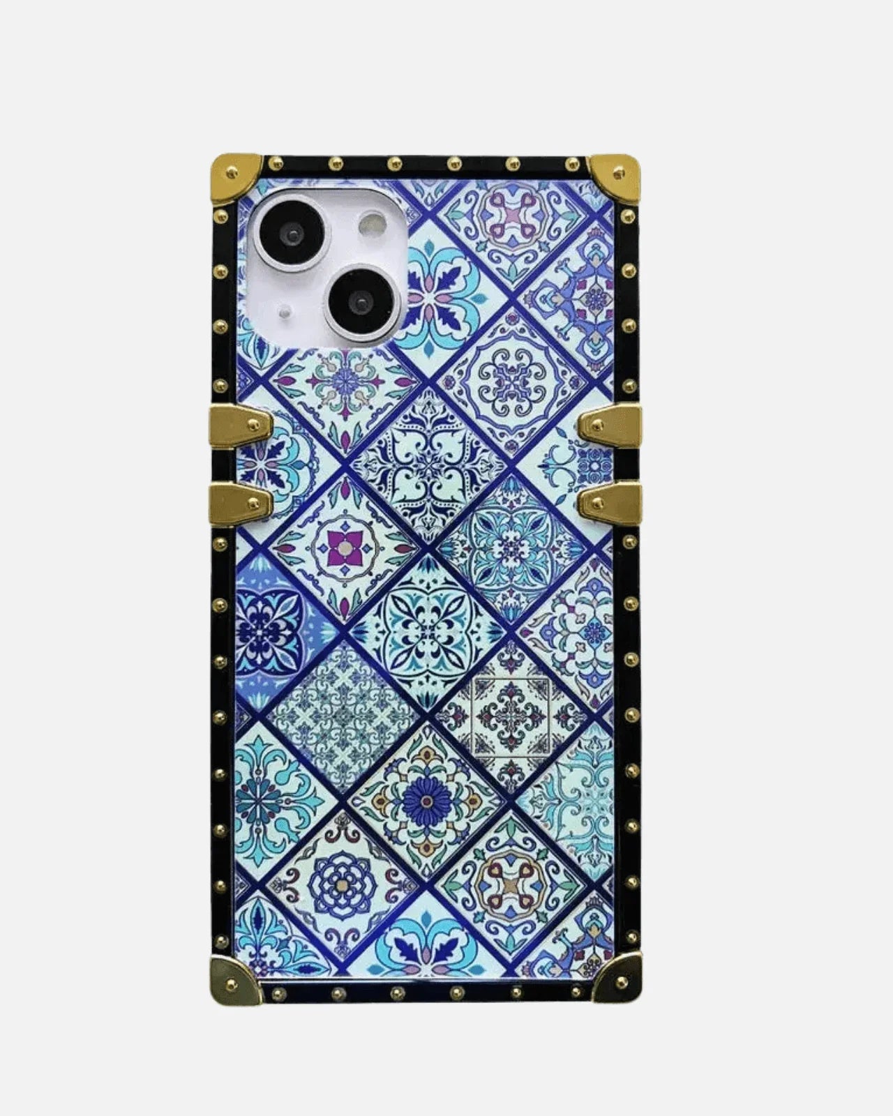 Luxury square glitter iPhone case with retro tile design and gold accents for iPhone 13/14/15 series.