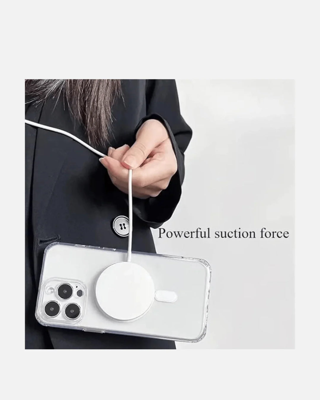 User holding an iPhone with a MagSafe case highlighting its powerful suction force for improved wireless charging.