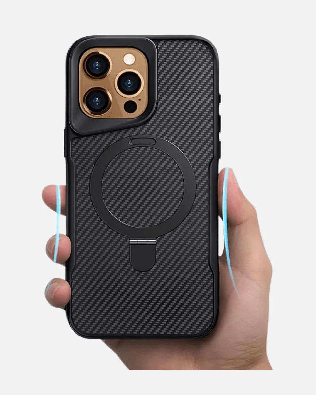 Hand holding a black carbon fiber magnetic kickstand case for iPhone 16 Pro Max with MagSafe compatibility.
