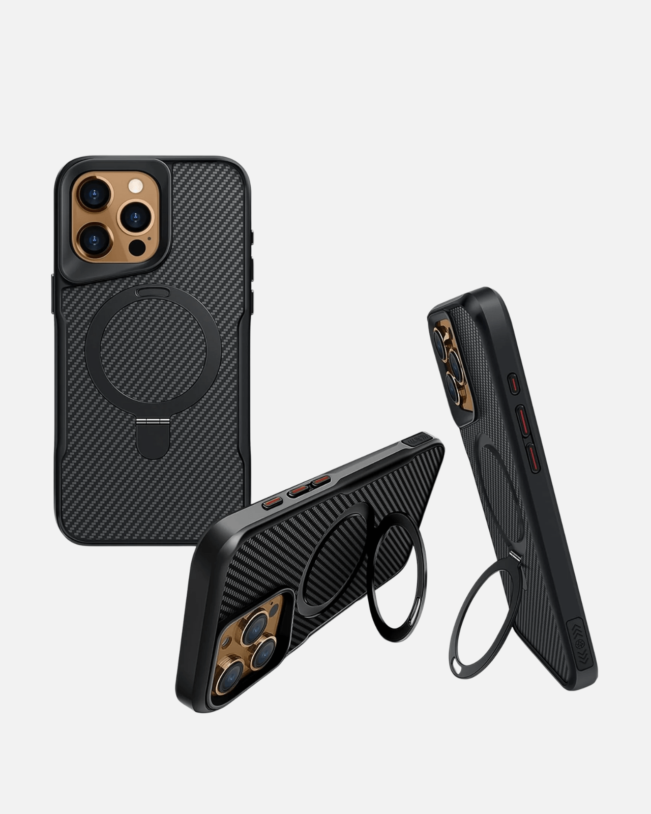 Magnetic Kickstand Case for iPhone 16 Pro Max in black with carbon fiber texture and built-in kickstand