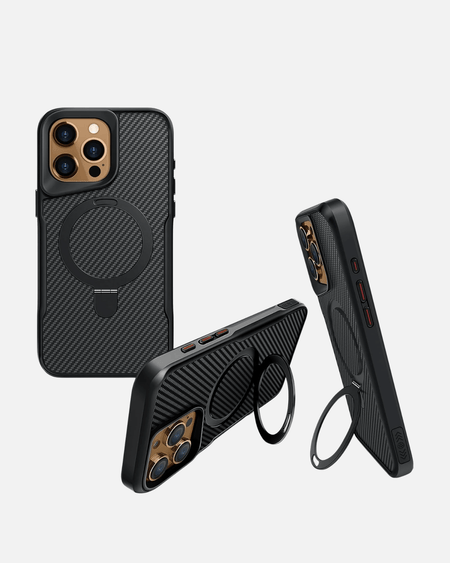 Magnetic Kickstand Case for iPhone 16 Pro Max in black with carbon fiber texture and built-in kickstand