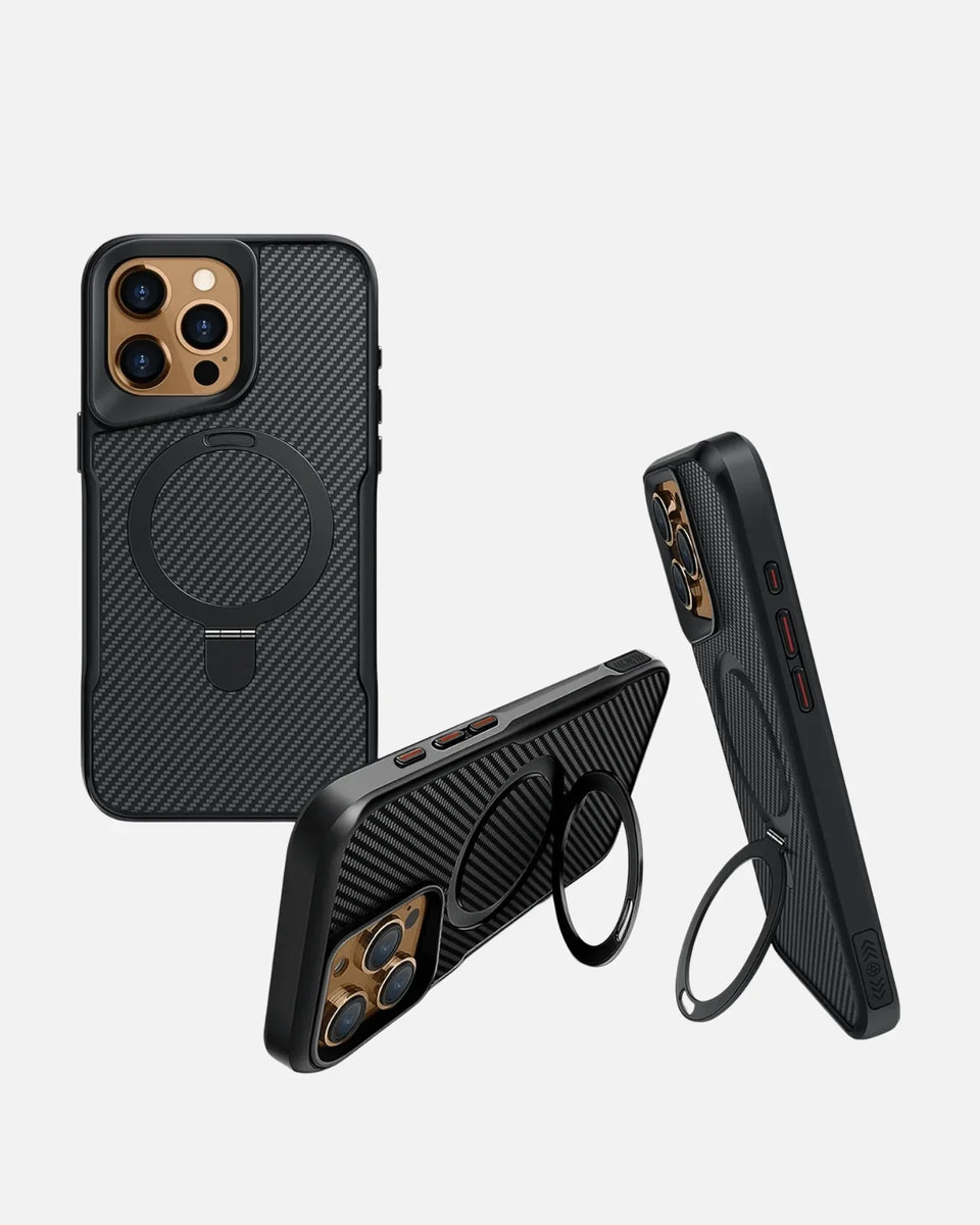Magnetic Kickstand Case for iPhone 16 Pro Max in black with carbon fiber texture and built-in kickstand