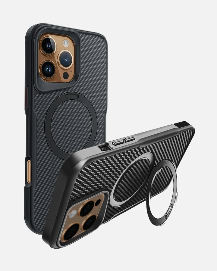 Magnetic Kickstand Case for iPhone 16 Pro Max in black with carbon fiber texture and built-in kickstand.