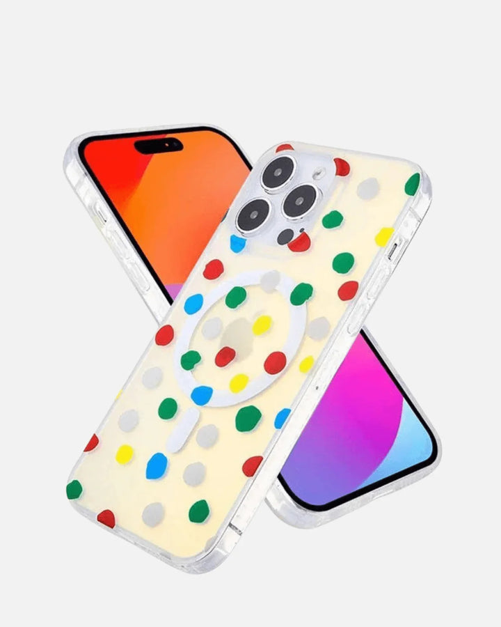 Colorful polka dot MagSafe case for iPhone 13-16E, featuring holographic glitter and shockproof design.