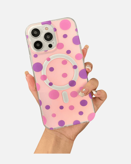 MagSafe case for iPhone 13/14/15/16E in purple polka dots, showcasing vibrant design and shockproof protection.