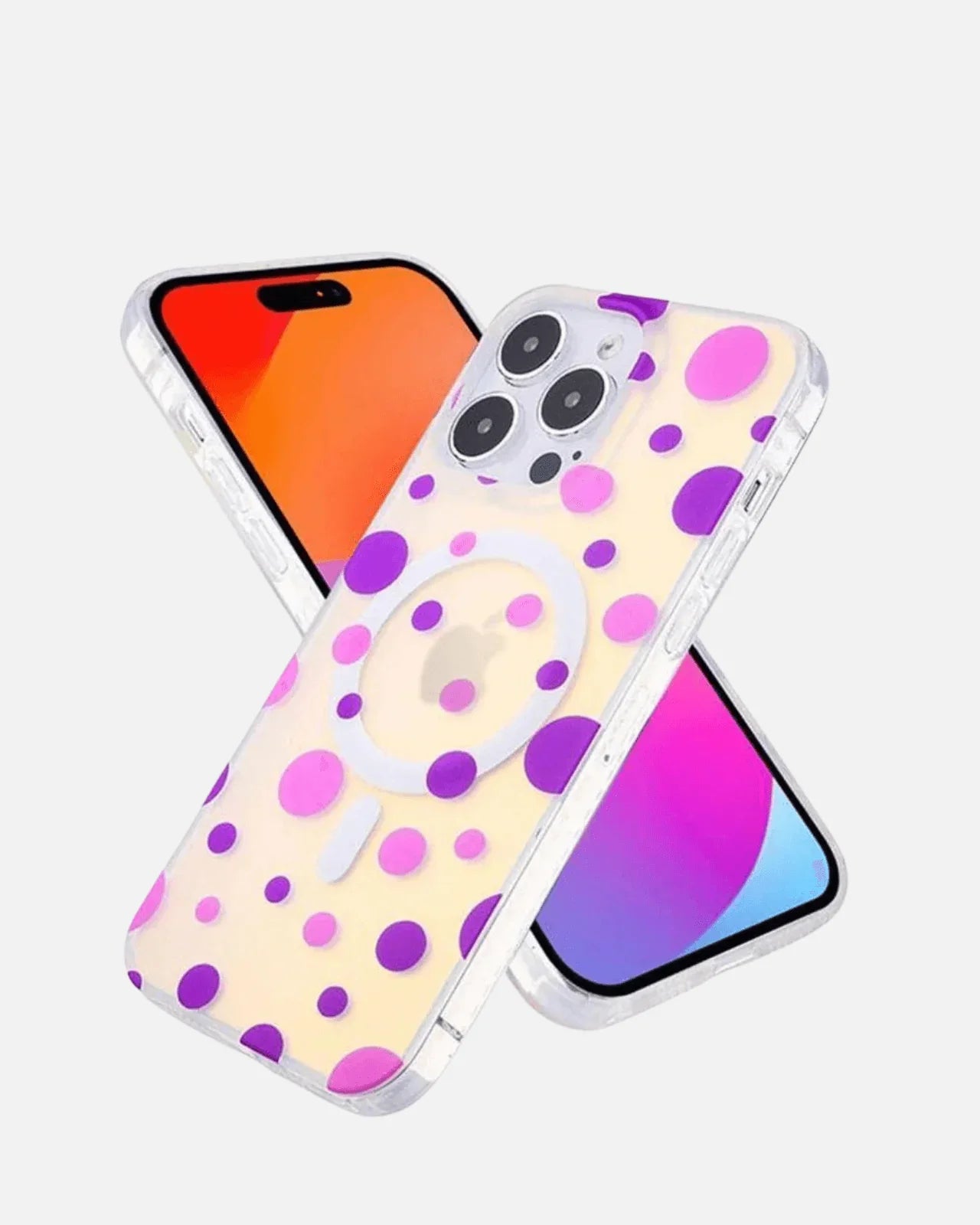 Colorful purple polka dot MagSafe case for iPhone 13/14/15/16E series, showcasing holographic design and shockproof protection.