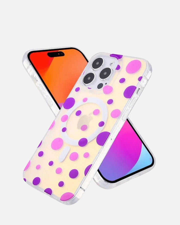 Colorful purple polka dot MagSafe case for iPhone 13/14/15/16E series, showcasing holographic design and shockproof protection.