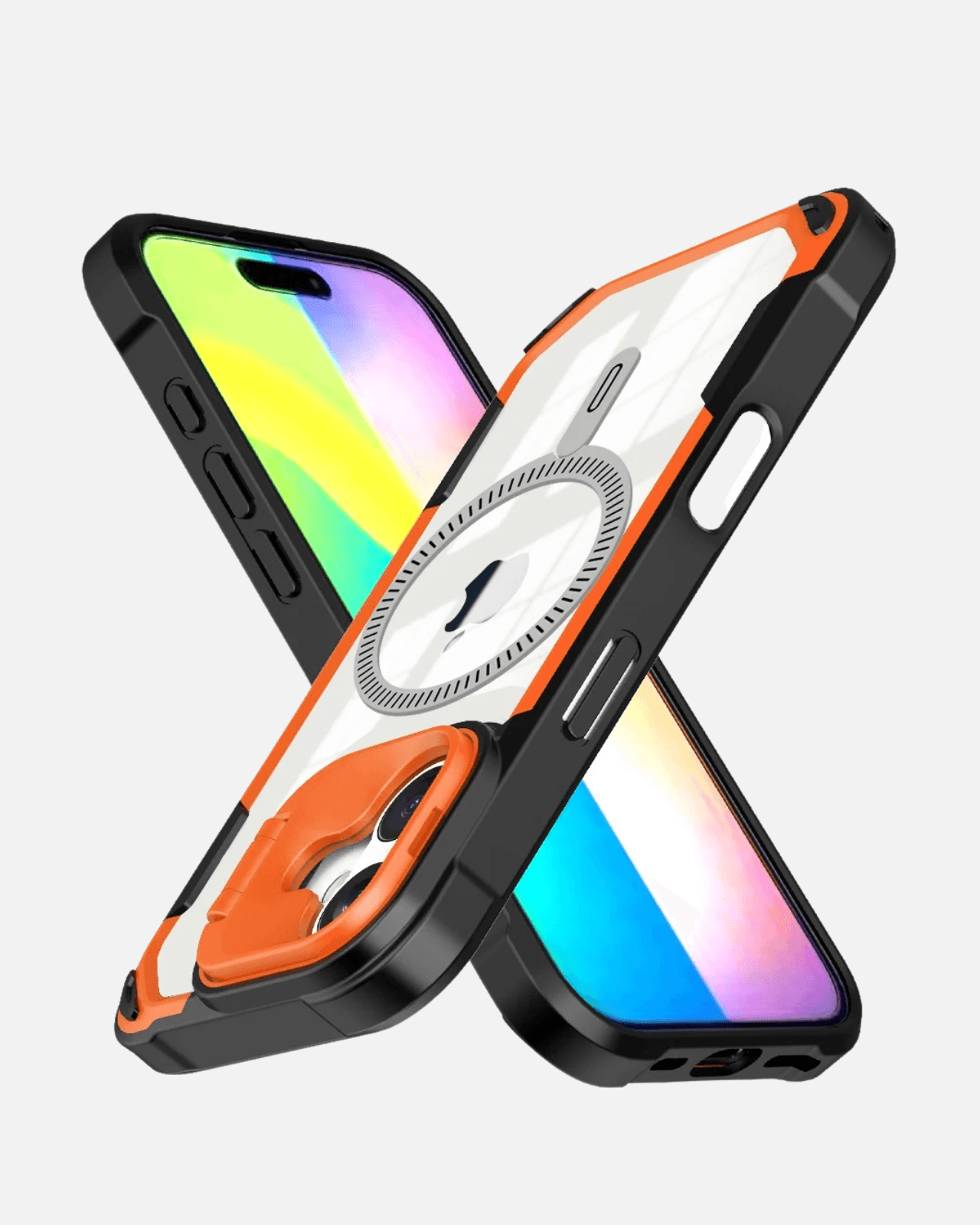 MagSafe case with stand and camera lens protector for iPhone 16 Pro Max, orange and black, shockproof TPU design.