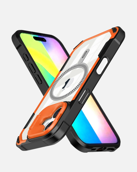 MagSafe case with stand and camera lens protector for iPhone 16 Pro Max, orange and black, shockproof TPU design.