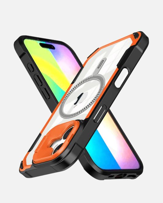 MagSafe case with stand and camera lens protector for iPhone 16 Pro Max, orange and black, shockproof TPU design.