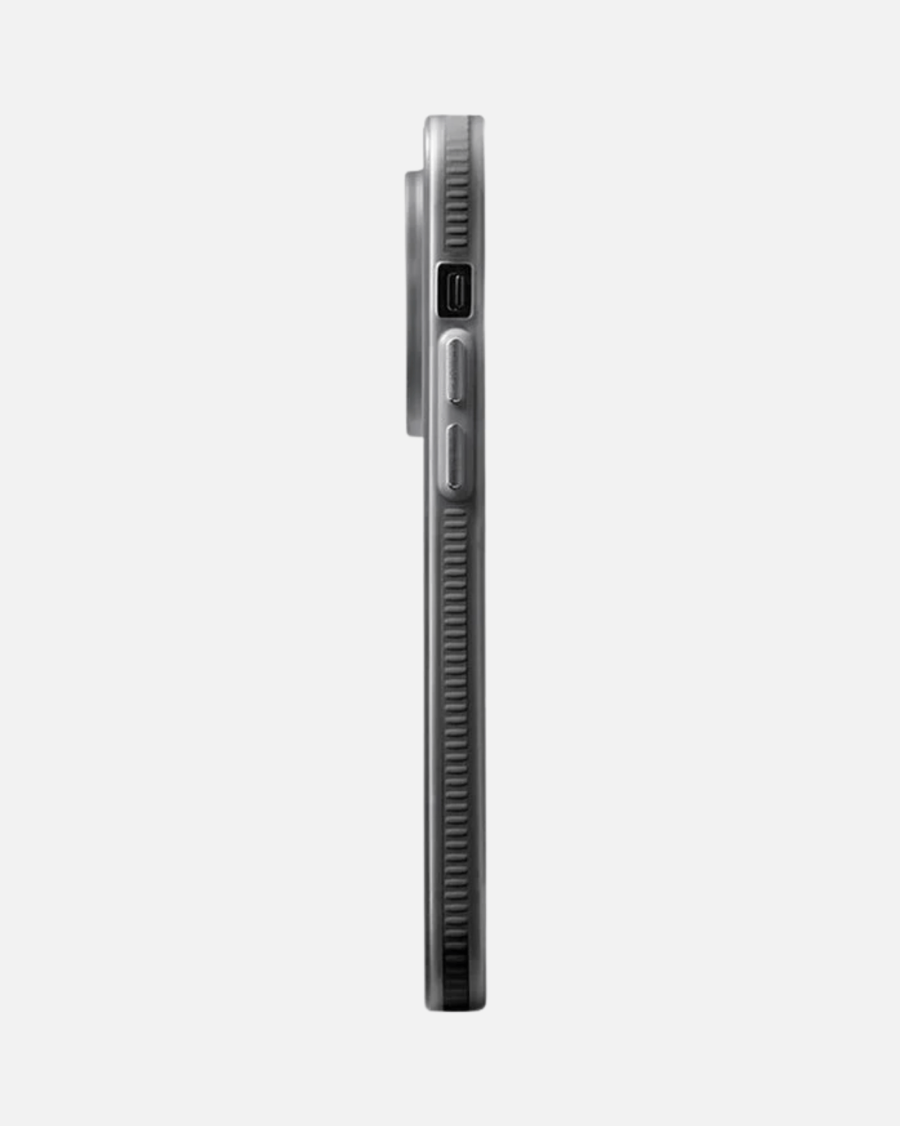 Side view of a black MagSafe case with ribbed texture for iPhone 16 Pro Max, showcasing non-slip grip design.