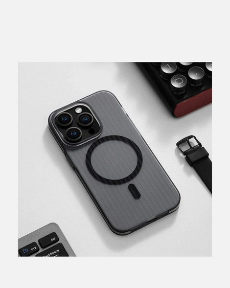 MagSafe case for iPhone 16 Pro Max in black with corrugated design and non-slip grip, showcased on a desk.