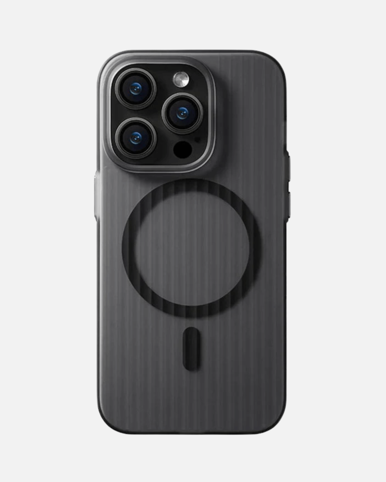Black MagSafe case for iPhone with corrugated rugged design and non-slip grip, providing shock absorption and style.