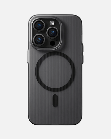 Black MagSafe case for iPhone with corrugated rugged design and non-slip grip, providing shock absorption and style.