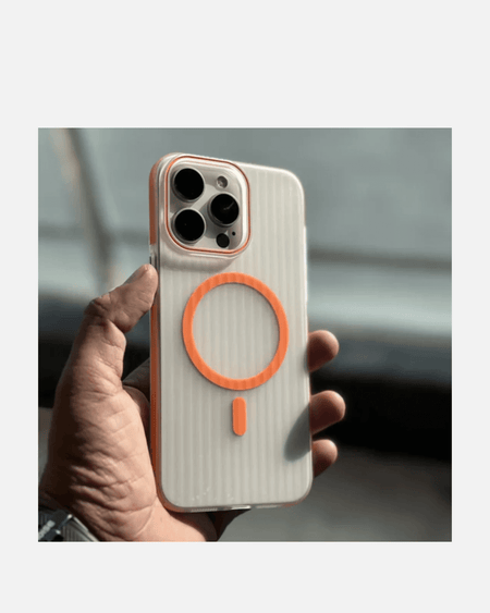 MagSafe orange case for iPhone showcasing corrugated texture and non-slip grip in hand.